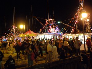 Yarmouth Parade of Lights with fishing boats decorated