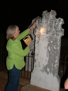 Burra Cemetery tour guide Barb Wallis at Albert Tiver headstone © Vincent Ross
