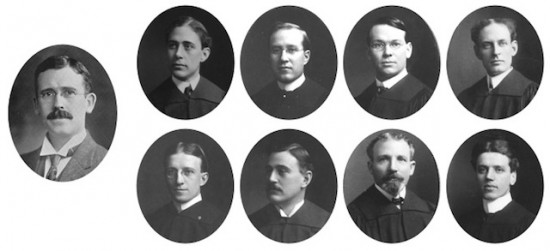 AΩA's founders, clockwise from left: William Webster Root, Milton Weston Hall, John Eddy Haskell, George Herbert Howard, Ernest Sisson Moore, Wenzel Matthias Wochos, Charles Lafayette Williams, Benjamin Thomas, and William H. Moore.