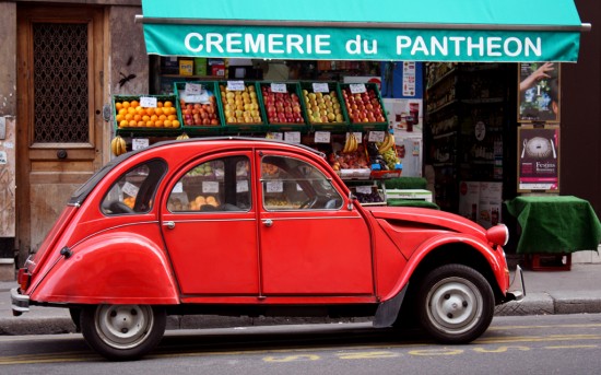 Old car in front of Paris grocery, Rhyno 2012
