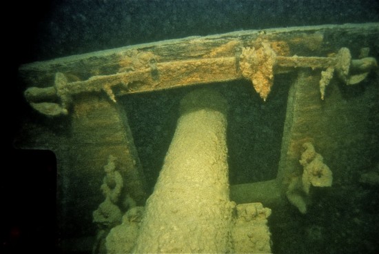 Long gun cannon with crossed naval cutlasses.