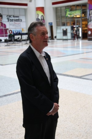 Michael Palin waiting in the lobby of CBC headquarters in Toronto prior to a series of television and radio interviews.