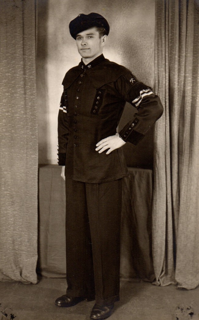In his East German miner’s uniform between 1947 – 51. With his background as a carpenter he built wooden supports for the shafts and tunnels of uranium mines. When my parents escaped to the British zone of occupation within western Germany Father provided the British military with the locations of East German uranium mines which the Soviets were using to develop their nuclear weapons.