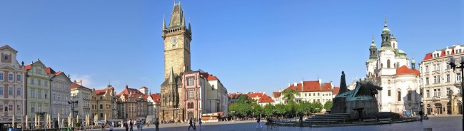 Panorama of Old Town Square with Old Town City Hall and memory of Jan Hus