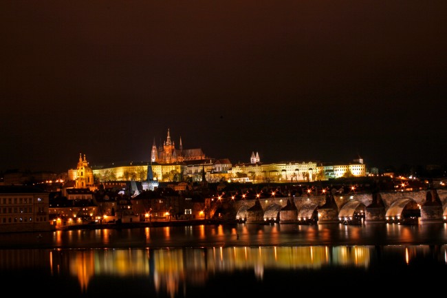 Prague Castle and Charles Bridge at night