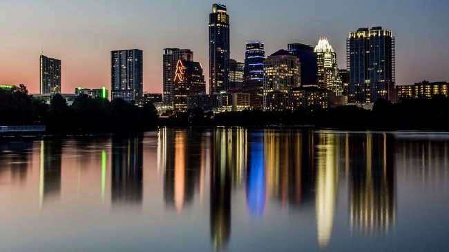 The Austin cityscape as seen from the new boardwalk on Lady Bird Lake