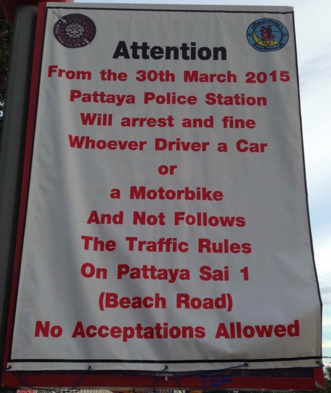 Traffic notice posted by the Pattaya Police Department