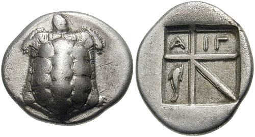 Greek drachma of Aegina. Obverse: Land turtle / Reverse: ΑΙΓ(INA) and dolphin. The oldest turtle coin dates 700 BC