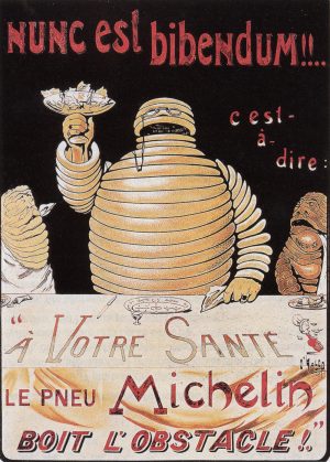 circa 1898 - The first depiction of the Michelin Man making a toast. He is also known as Bibendum, possibly because of this poster. The phrase Nunc est Bibendum! is taken from the Odes of Horace.