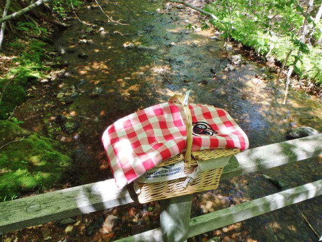 Delectable picnic basket by the creek