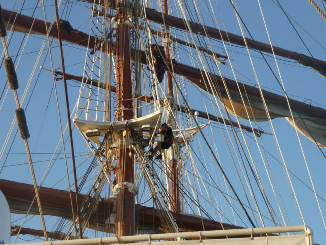 Climbing the masts to set the sails